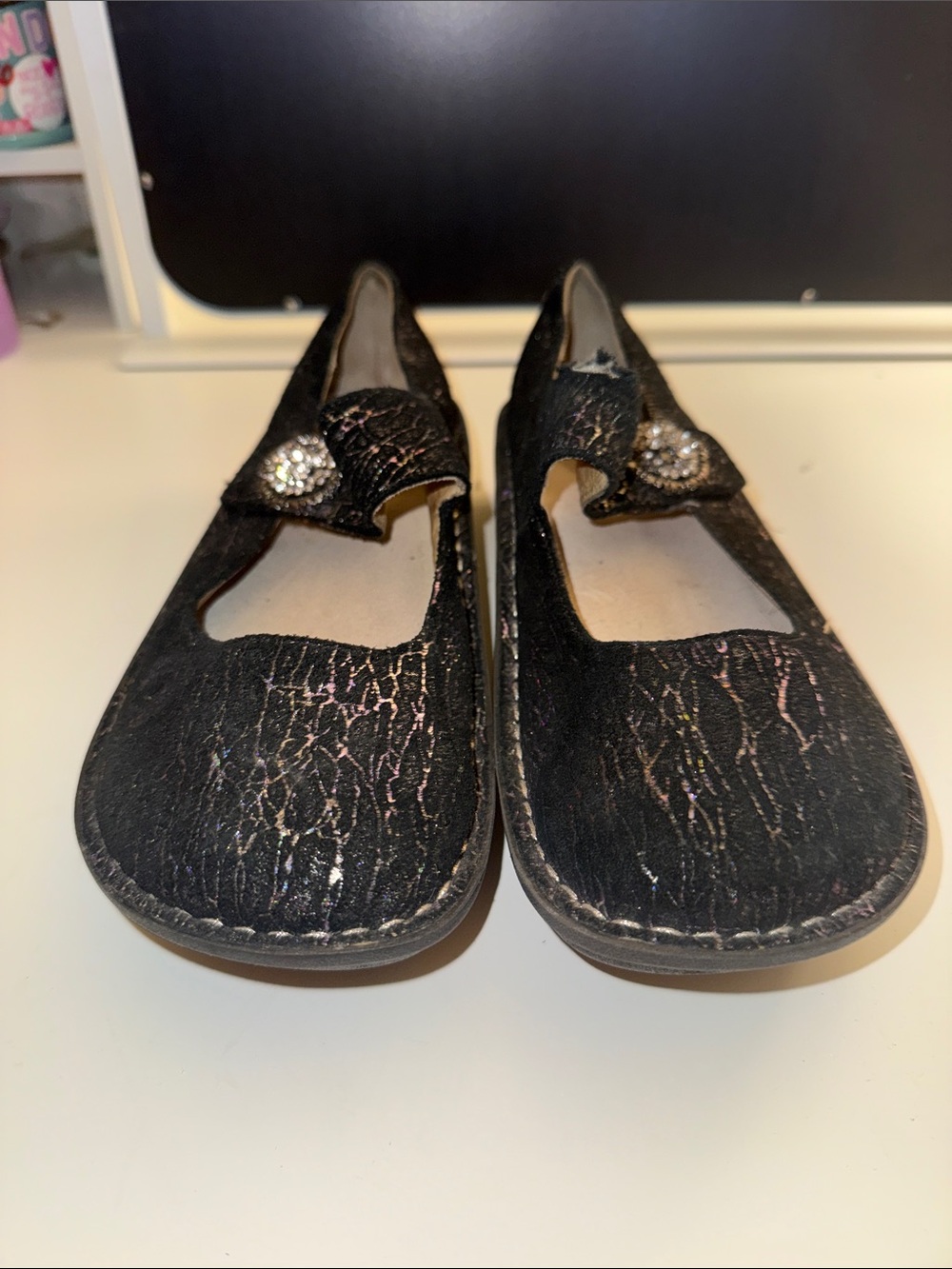Alegria Black Mary Jane Flats with Sparkle Crackle Upper